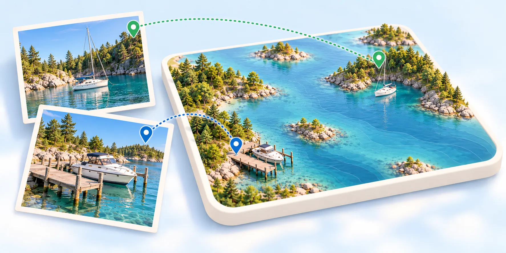 Zwei Urlaubsfotos werden ihren Aufnahmeorten auf einer Gewässerkarte zugeordnet.