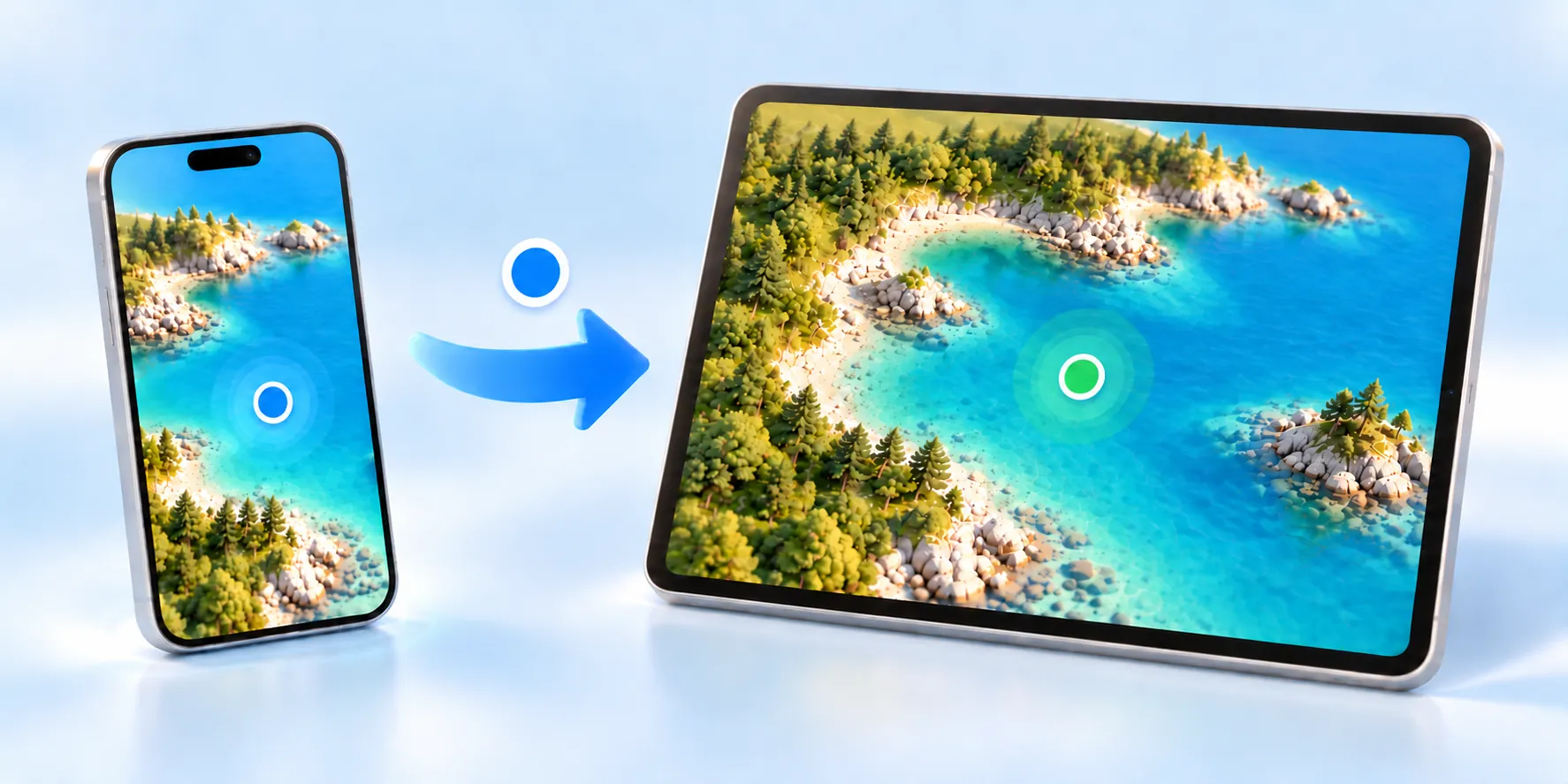 Ein iPhone überträgt seine Position an die große Karte auf einem iPad oder Mac.