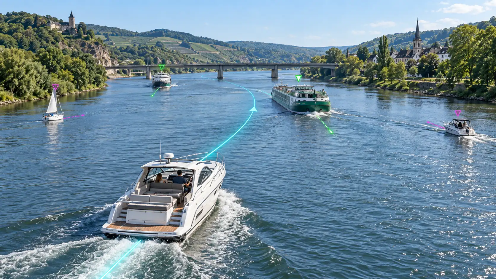 Ein Motorboot sieht mit Rivers & Seas vorausfahrende und entgegenkommende AIS-Schiffe auf einem Fluss.