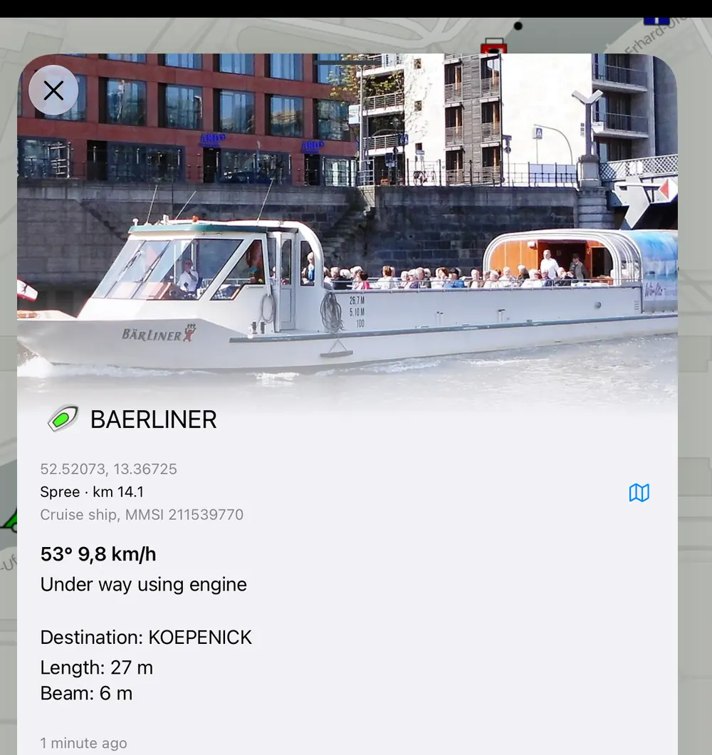AIS vessel details in Rivers & Seas with a passenger boat photo, name, course and speed.