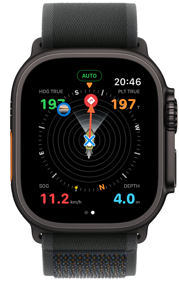 Rivers & Seas auf einer Apple Watch Ultra mit AUTO-Anzeige, PLT TRUE und rotem Kurspfeil.