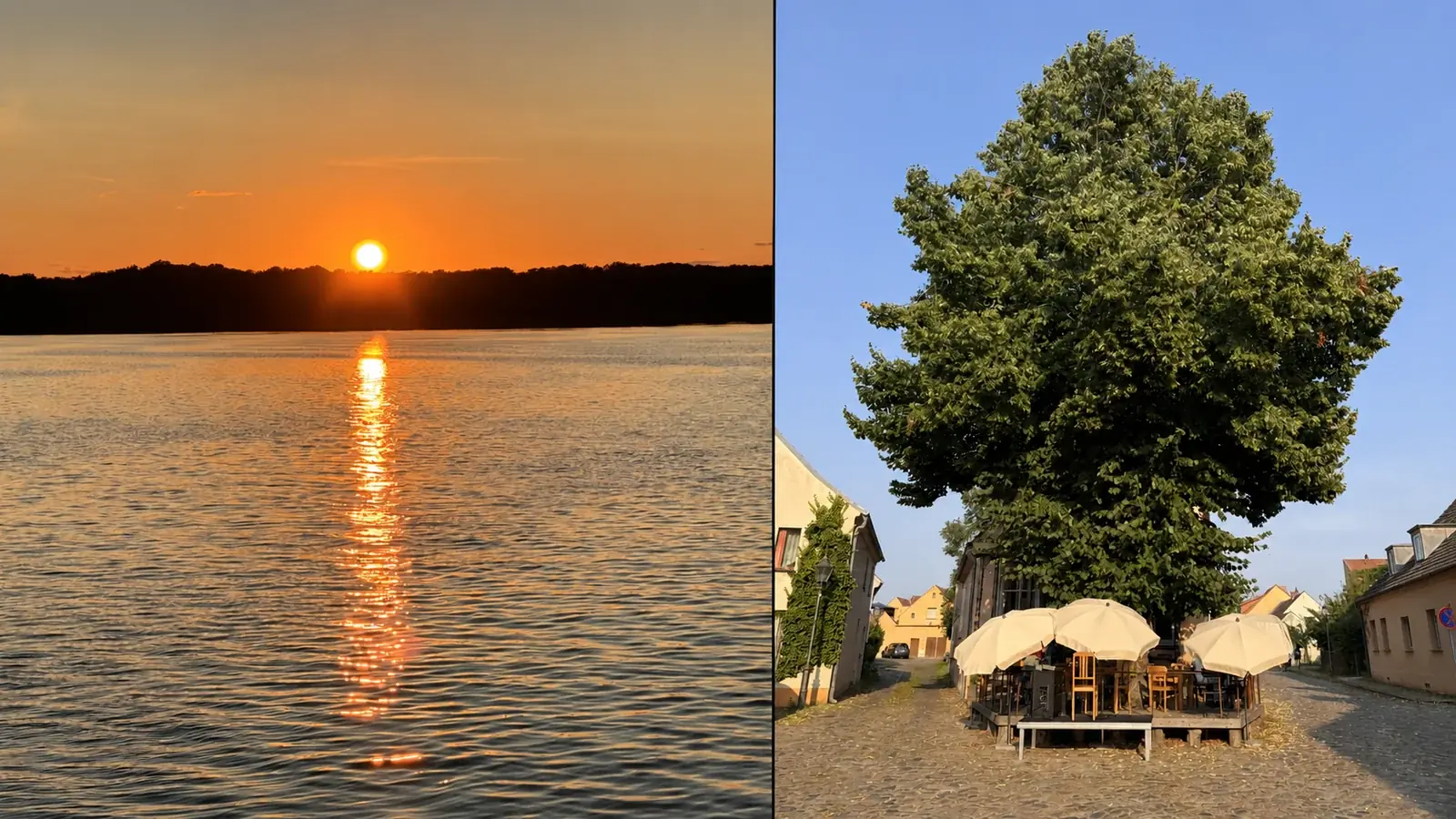 Sonnenuntergang, Restaurant und Boote als Erinnerungen an besondere Orte auf einer Reise.