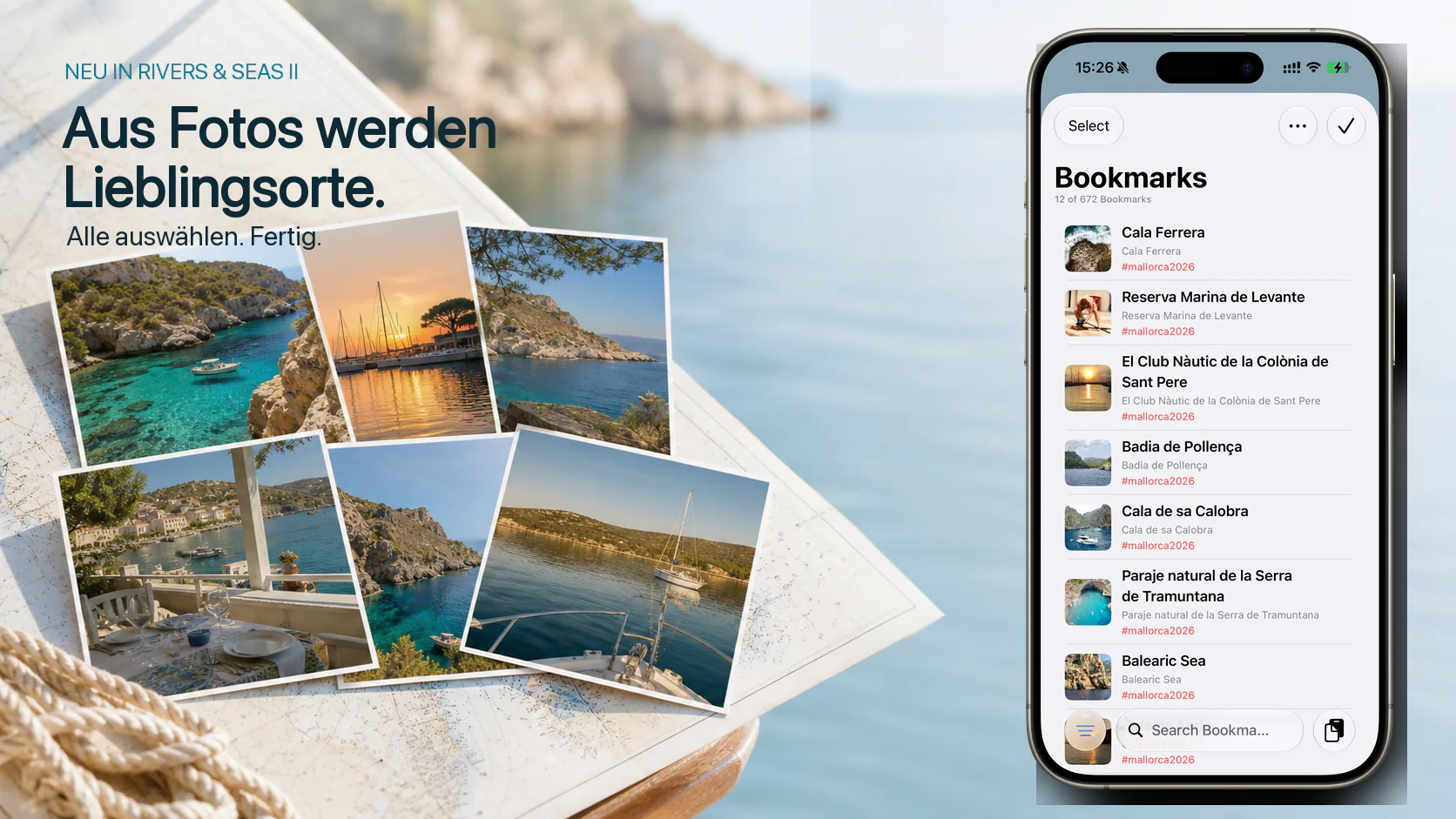 Urlaubsfotos werden in Rivers & Seas zu Lesezeichen auf der Karte.