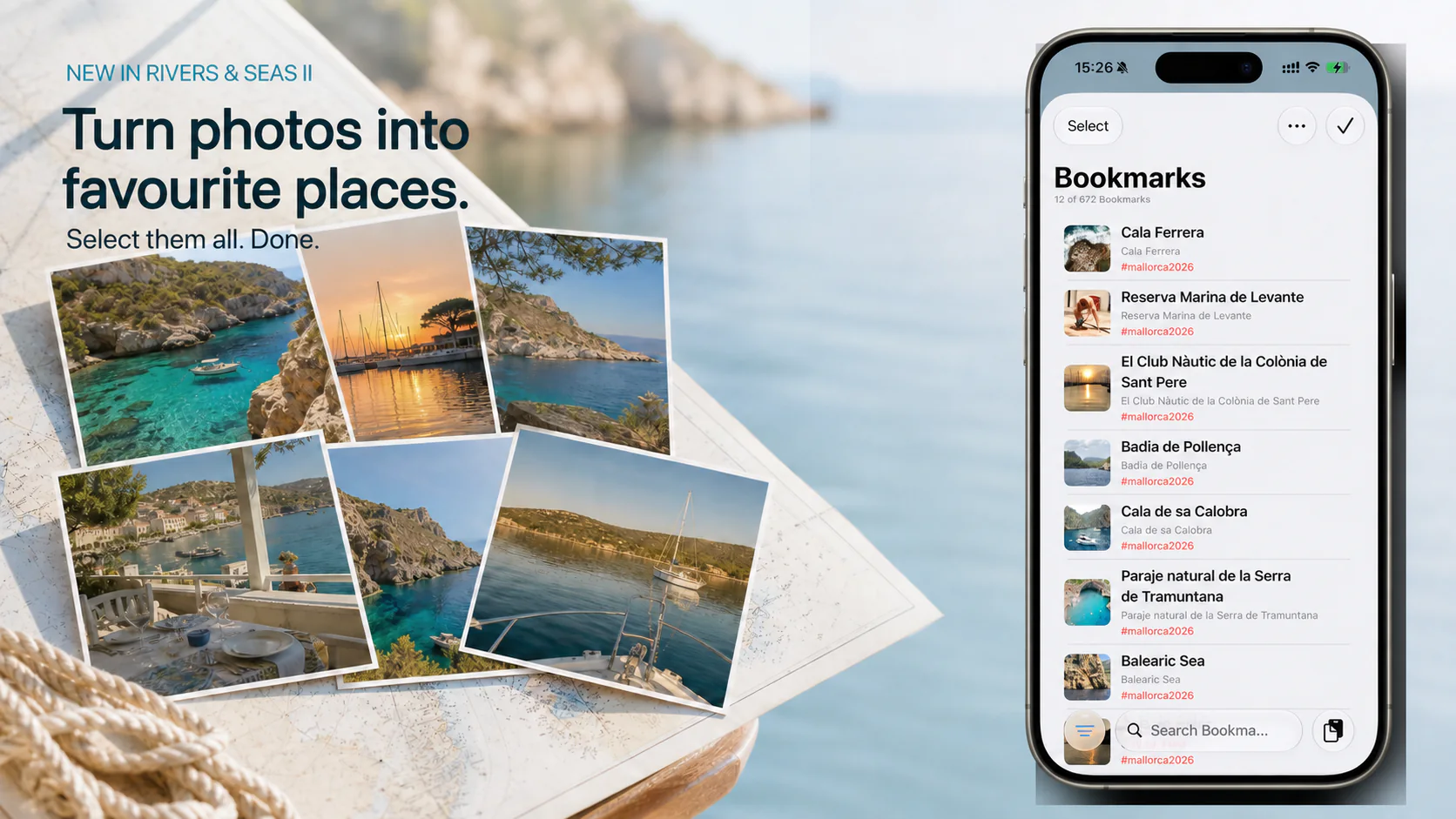 Holiday photos becoming bookmarks on a map in Rivers & Seas.