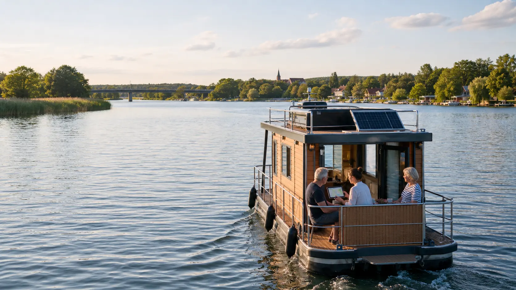 Ein modernes Hausboot auf einem ruhigen See in Brandenburg; Gäste planen ihren Ausflug mit Rivers & Seas auf einem iPad.