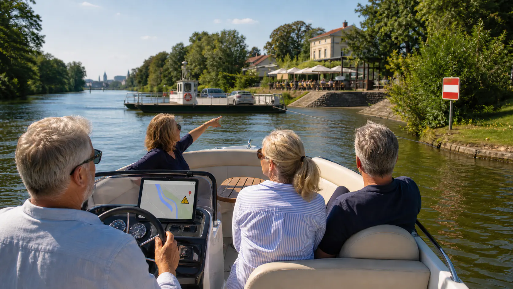 Gäste in einem führerscheinfreien Motorboot sehen auf einem iPad einen Hinweis vor einer Seilfähre in Brandenburg.