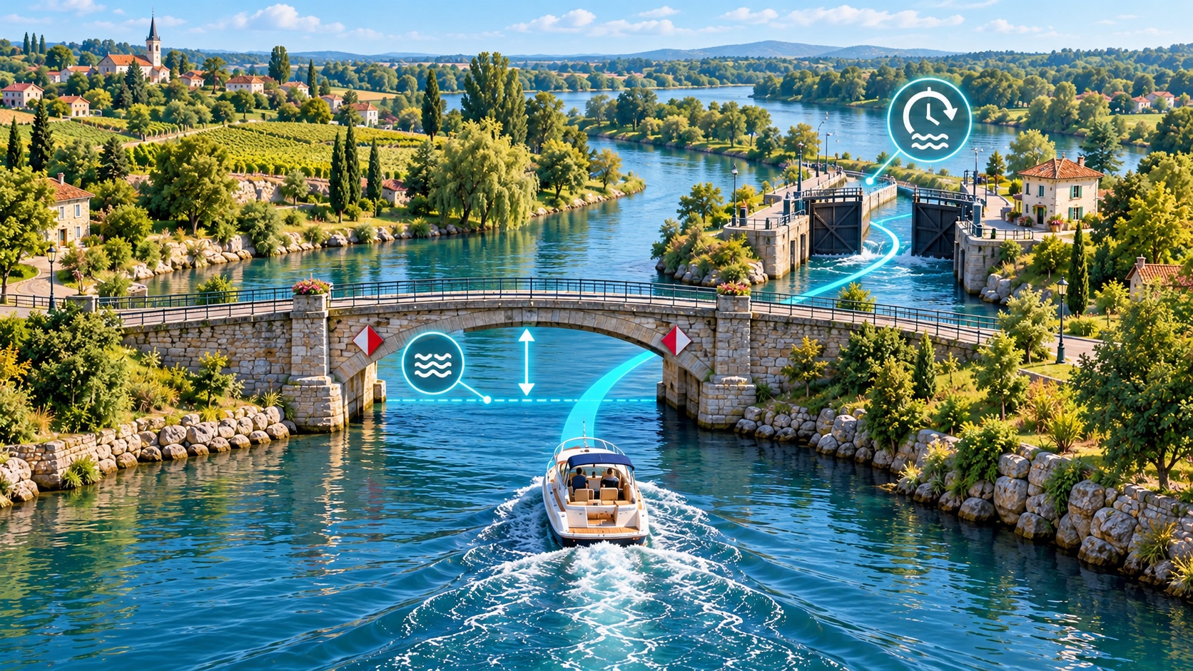 A recreational boat follows a Track beneath a tidal bridge towards a navigation lock.