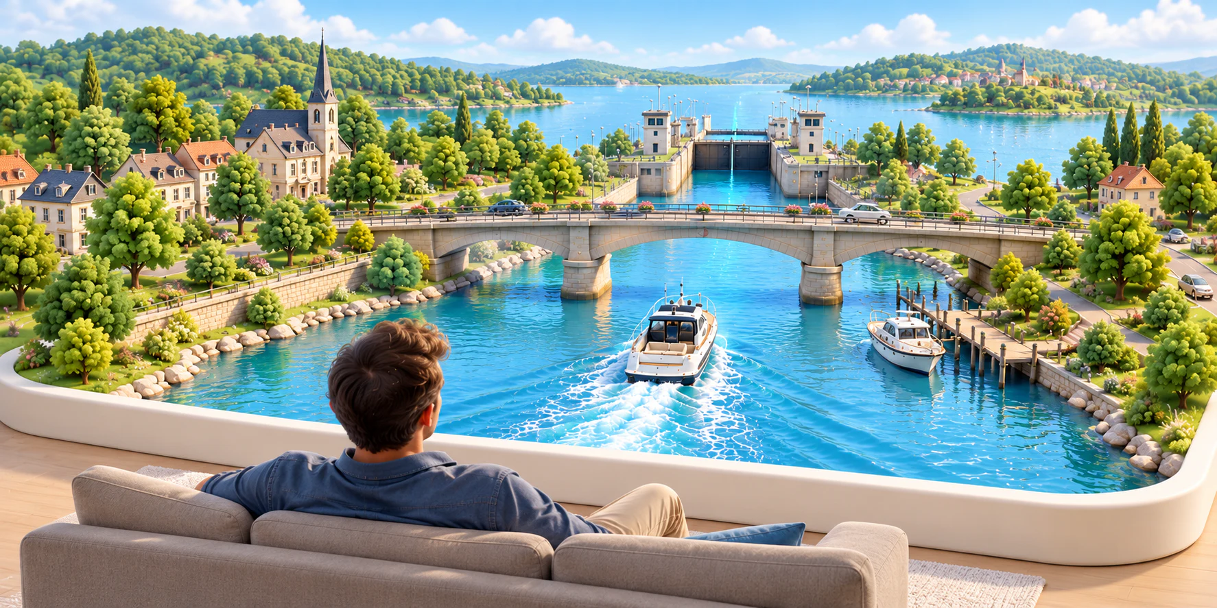 A man sits on his sofa at home and looks into a diorama of a boat cruise with a bridge and a lock.