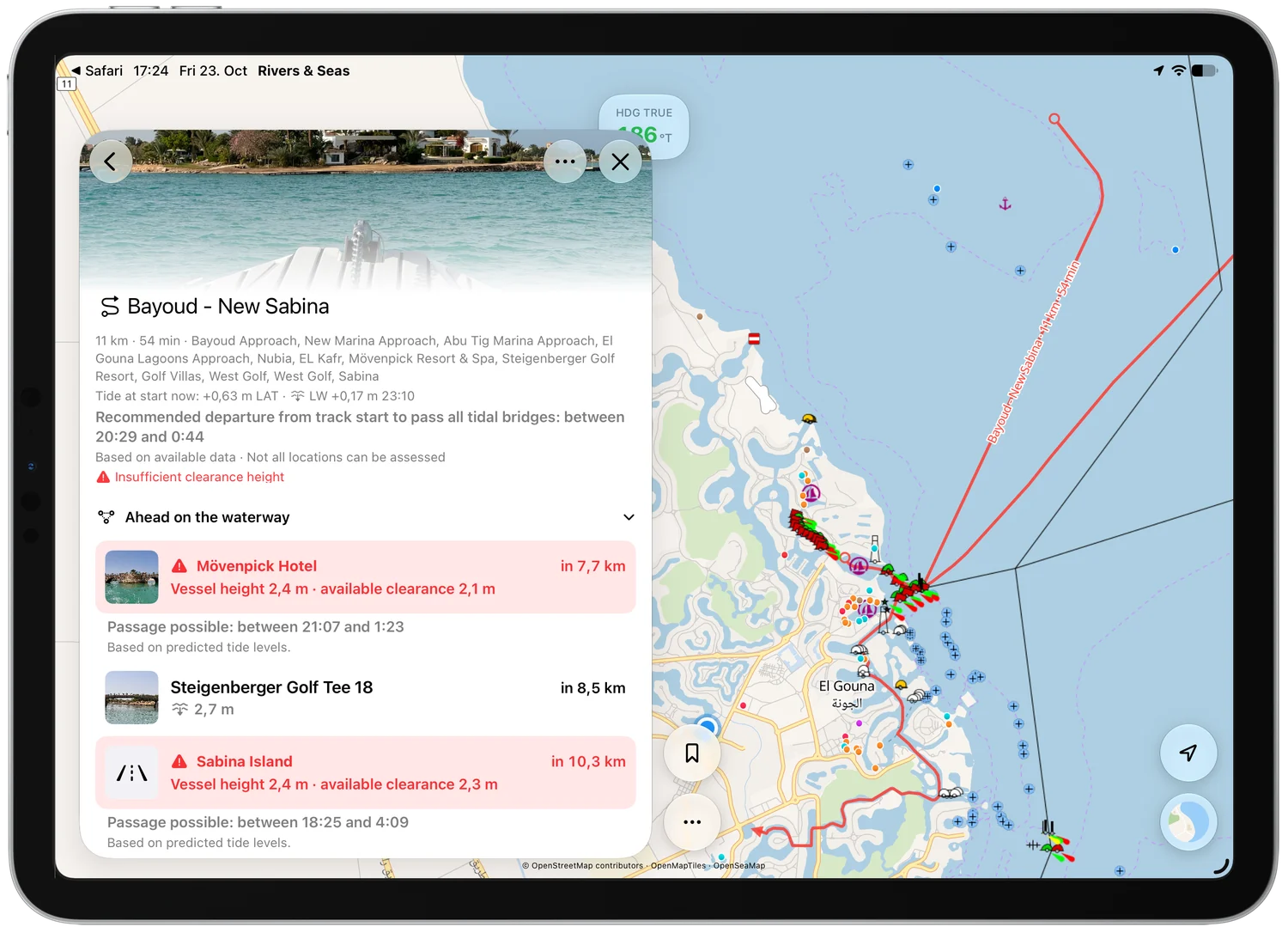 Rivers & Seas on iPad shows the Track from Bayoud through the El Gouna lagoons and several tidal bridges.