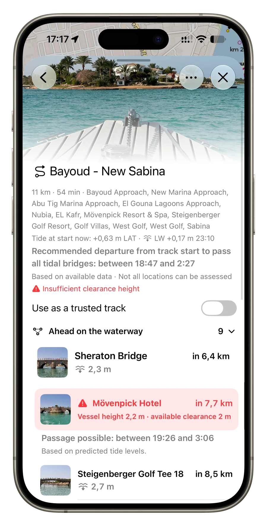 Rivers & Seas on iPhone shows the Track from Bayoud to New Sabina, a recommended departure window, and the expected clearance at the Mövenpick bridge.