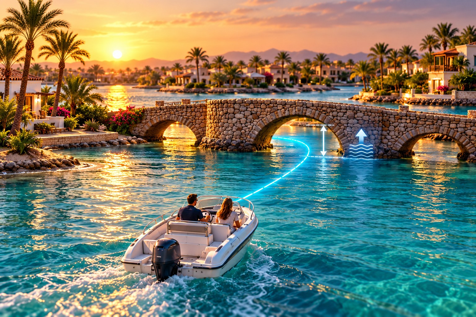 A recreational boat approaches a low stone bridge in the El Gouna lagoons at sunset, with course, tide, and available clearance visualised.
