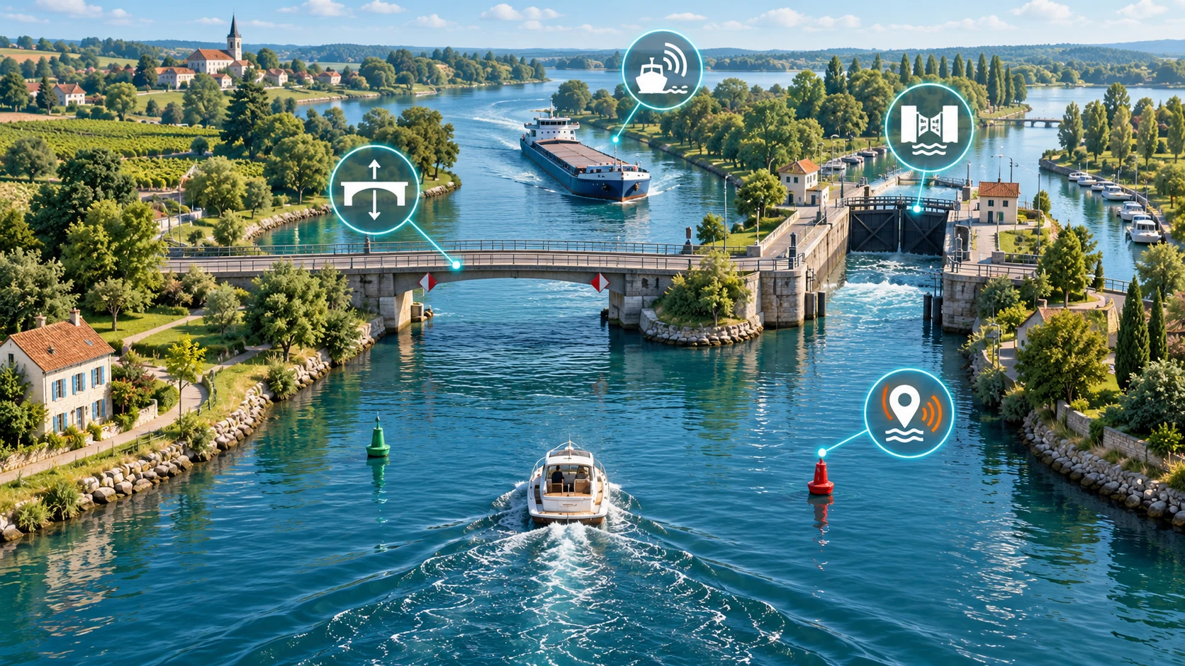 Boat on an inland waterway with a bridge, lock, commercial vessel, and symbols for important navigation questions.