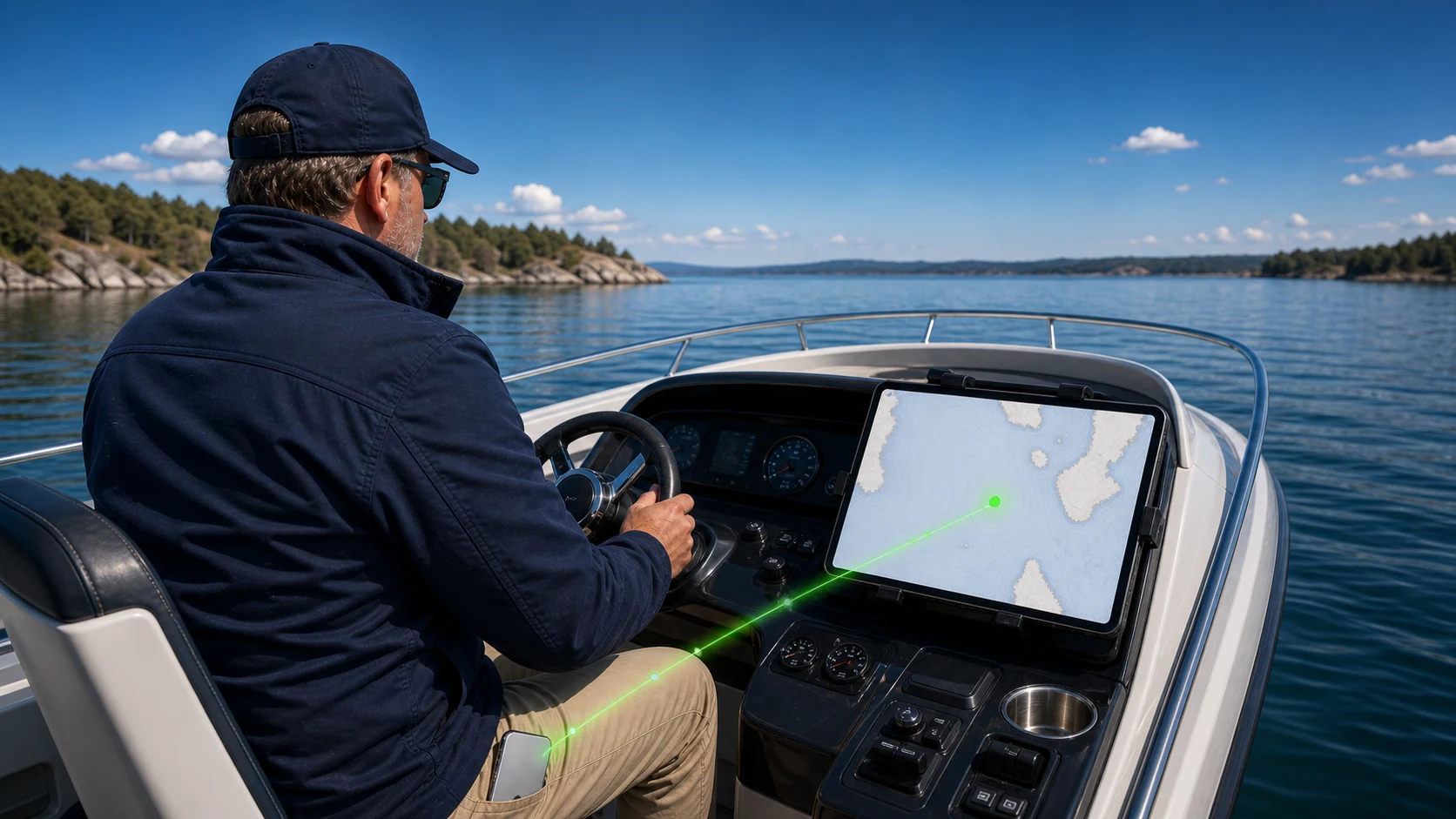 Ein iPhone überträgt seine GPS-Position kabellos an Rivers & Seas auf einem iPad ohne GPS.