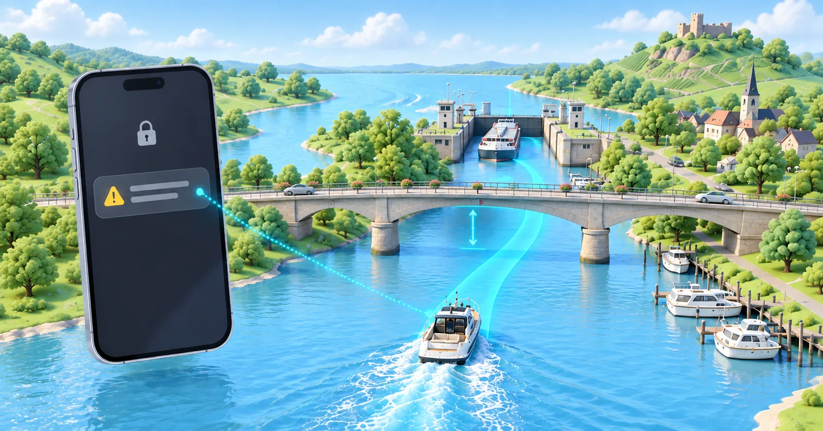 Gesperrtes iPhone mit einer Rivers-&-Seas-Warnung vor einer zu niedrigen Brücke und geschlossenen Schleuse.