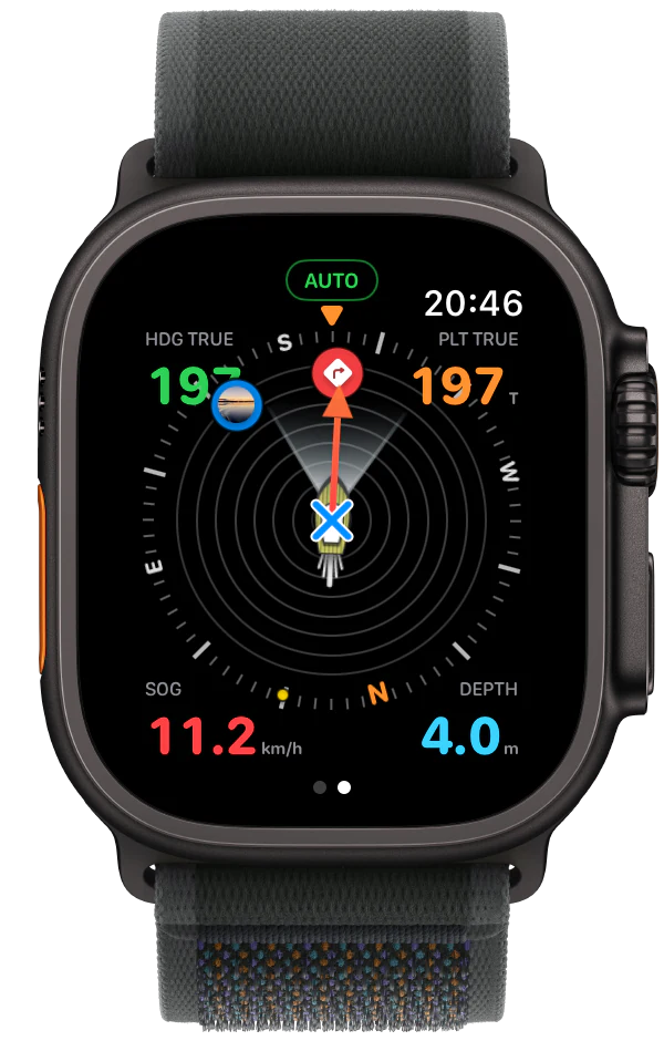 Apple Watch mit Rivers & Seas Kompass und einem Lesezeichen in der Nähe.