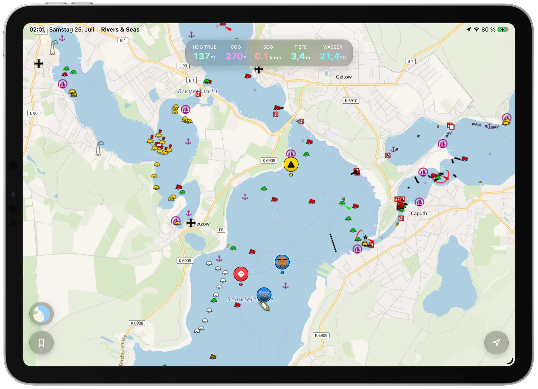 Rivers & Seas auf iPad, iPhone und Apple Watch mit Karte, Lesezeichen und aktuellen Bootsdaten.