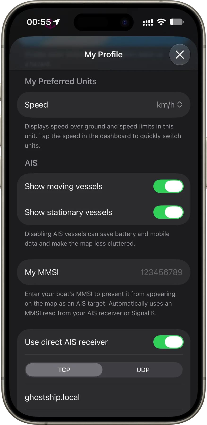 Single iPhone screenshot of the Rivers & Seas profile showing speed units, AIS vessel choices, MMSI, and a direct AIS receiver.