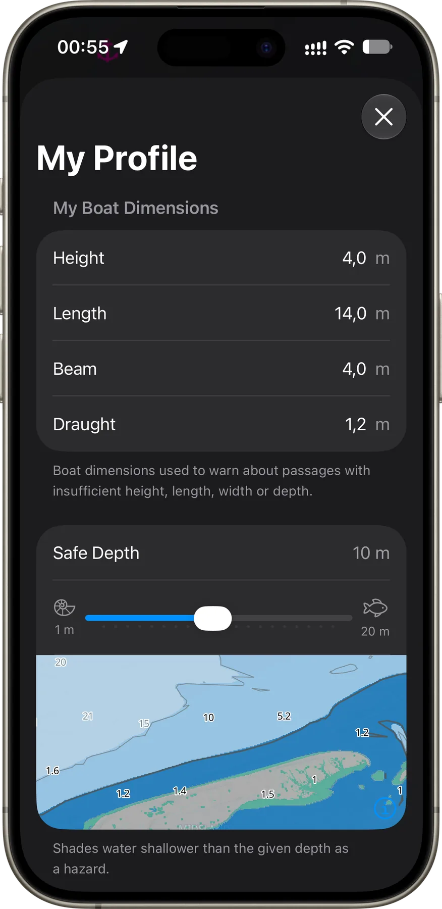 Single iPhone screenshot of the Rivers & Seas profile showing boat dimensions and safe depth.