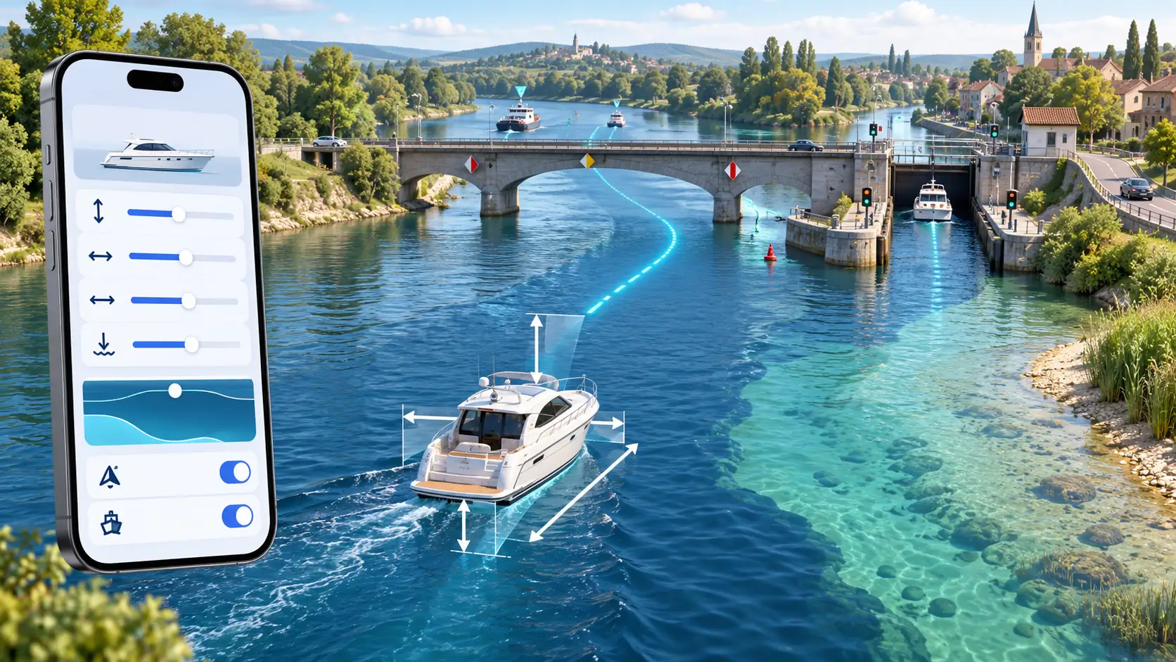 Motorboat with its dimensions marked ahead of a bridge and lock, beside an iPhone showing profile settings.