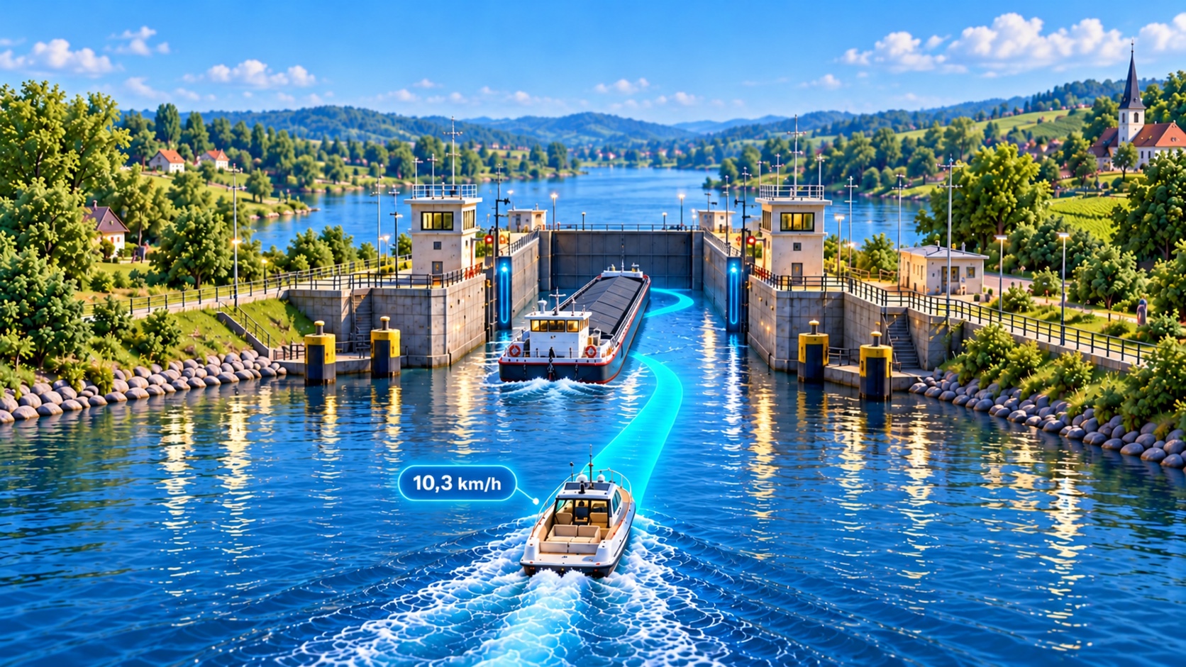 A recreational boat follows a commercial vessel towards the next lock at 10.3 kilometres per hour.