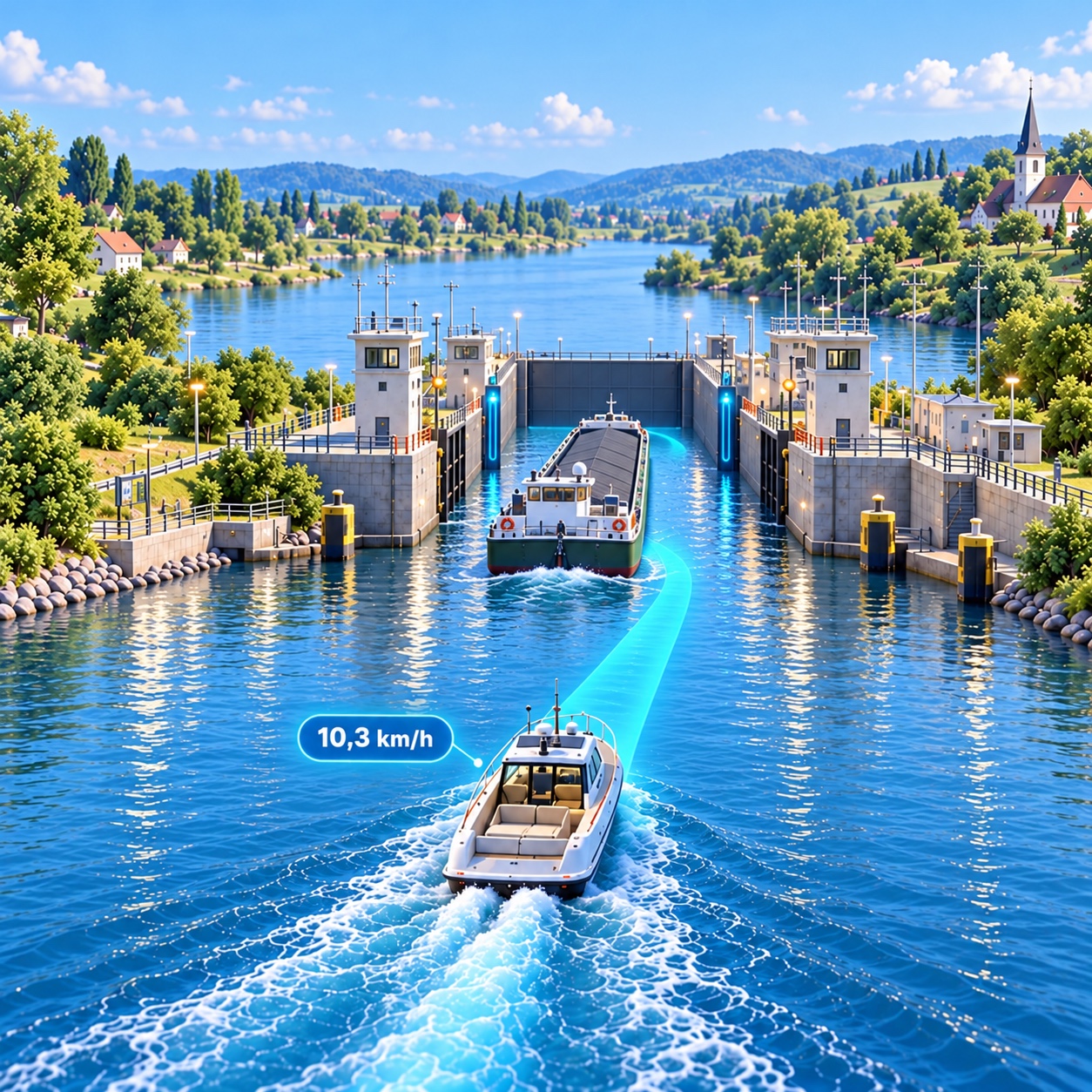 A recreational boat follows a commercial vessel towards a shared lockage at 10.3 kilometres per hour.