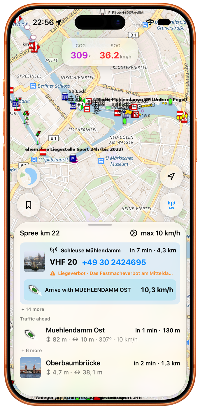 Rivers & Seas shows MUEHLENDAMM OST and 10.3 km/h for a shared arrival at the lock on iPhone.