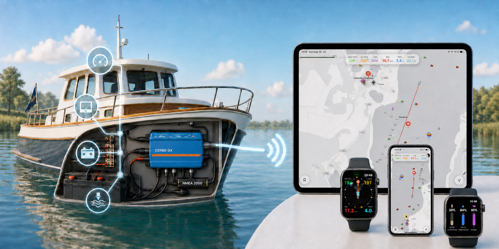 Ein Motorboot überträgt Navigations- und Systemdaten über Signal K und WLAN an iPad, iPhone und Apple Watch.