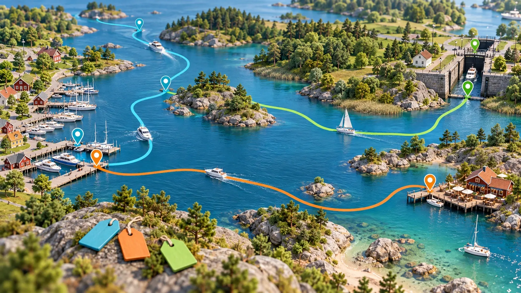 A waterscape with coloured Tracks and matching markers for a marina, lock, and restaurant.