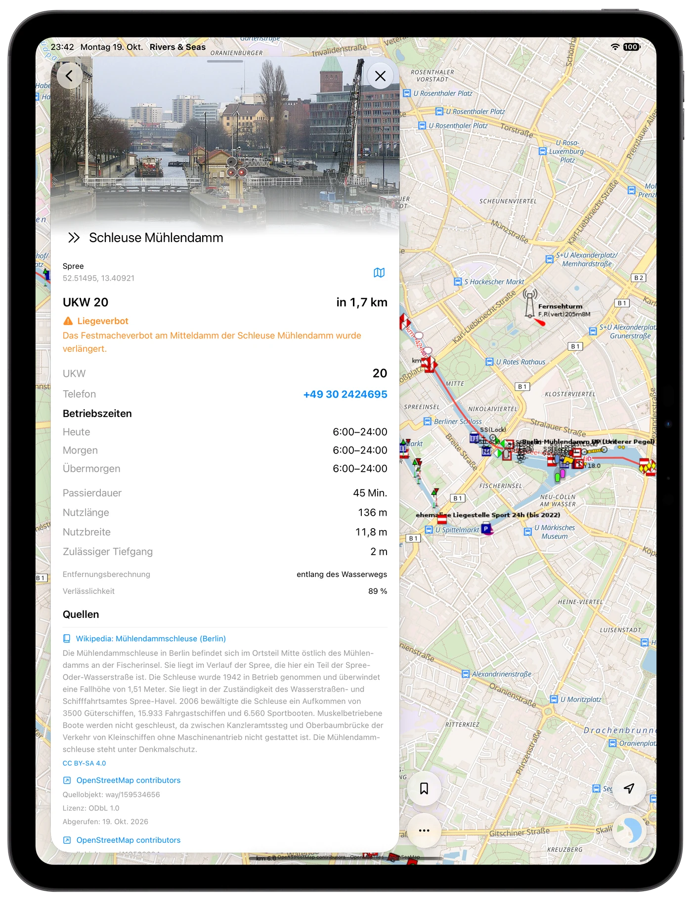 Mühlendamm lock details show operating hours, dimensions, phone number, and a restriction.