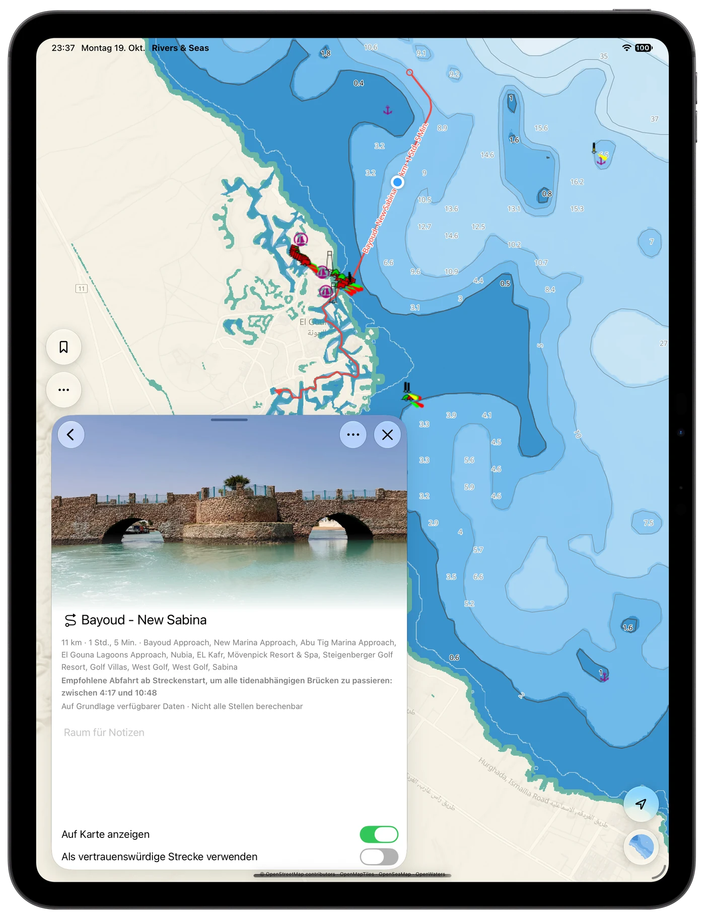 An imported Track in El Gouna shows waterways and a recommended departure window.