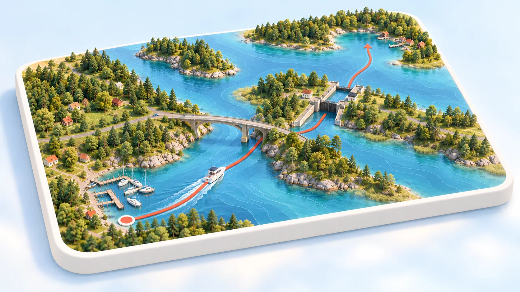 A boating Track runs from a marina beneath a bridge, through a lock, and onwards to a sheltered bay.