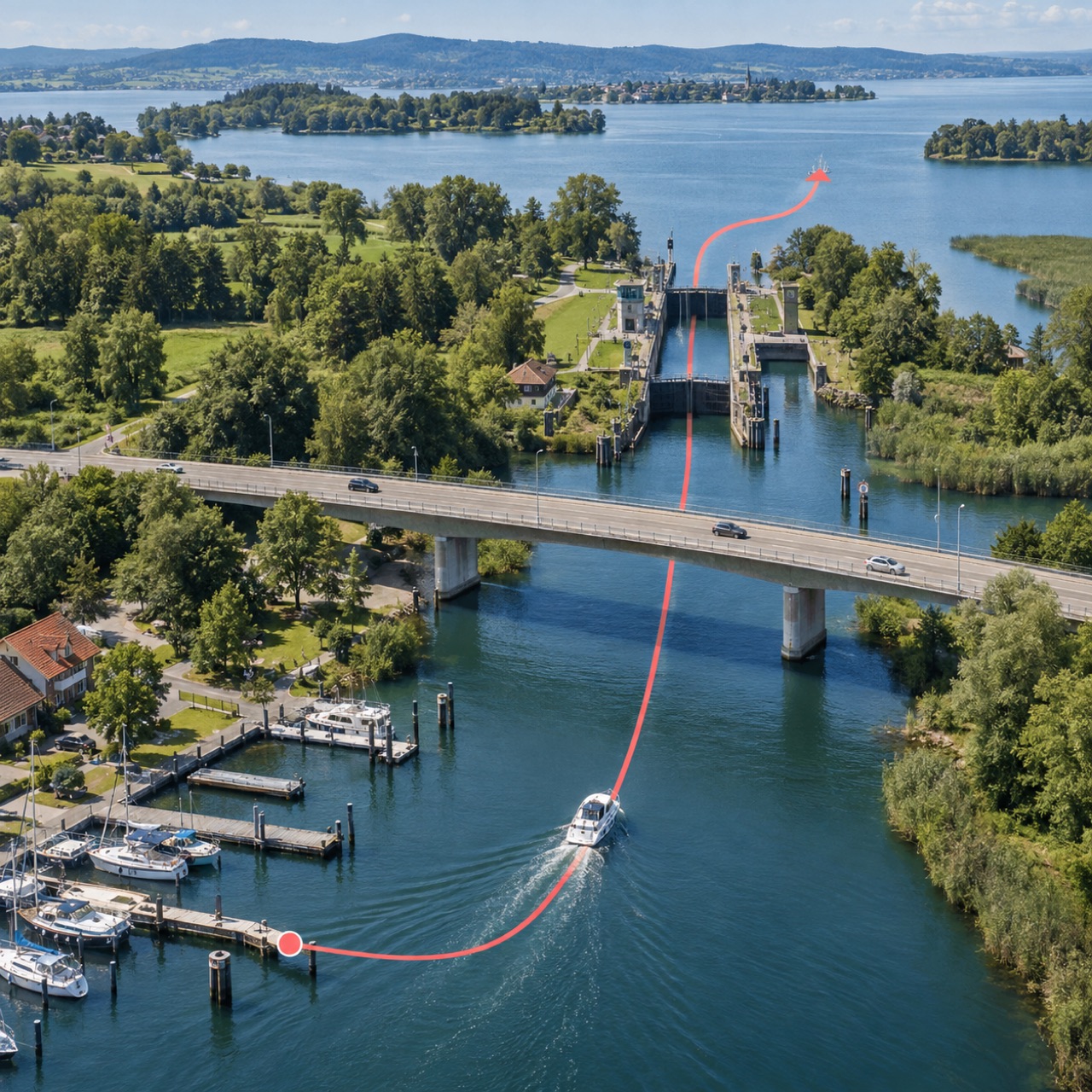 A boating Track runs from a marina beneath a bridge and through a lock to a sheltered bay.