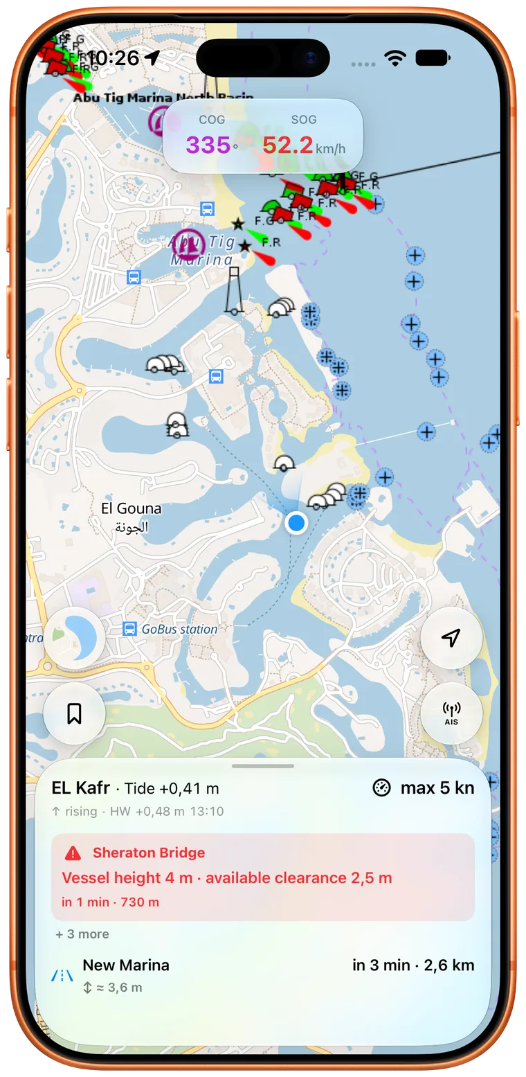 Rivers & Seas warns on iPhone that bridge clearance will be insufficient on arrival.