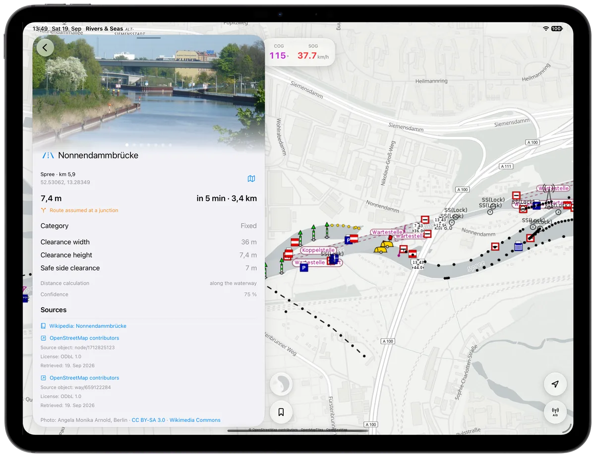 Large bridge detail view on iPad with a photograph, clearance height, and opening width.