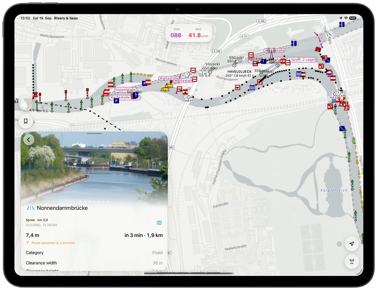 Medium bridge detail view on iPad with more of the map remaining visible.