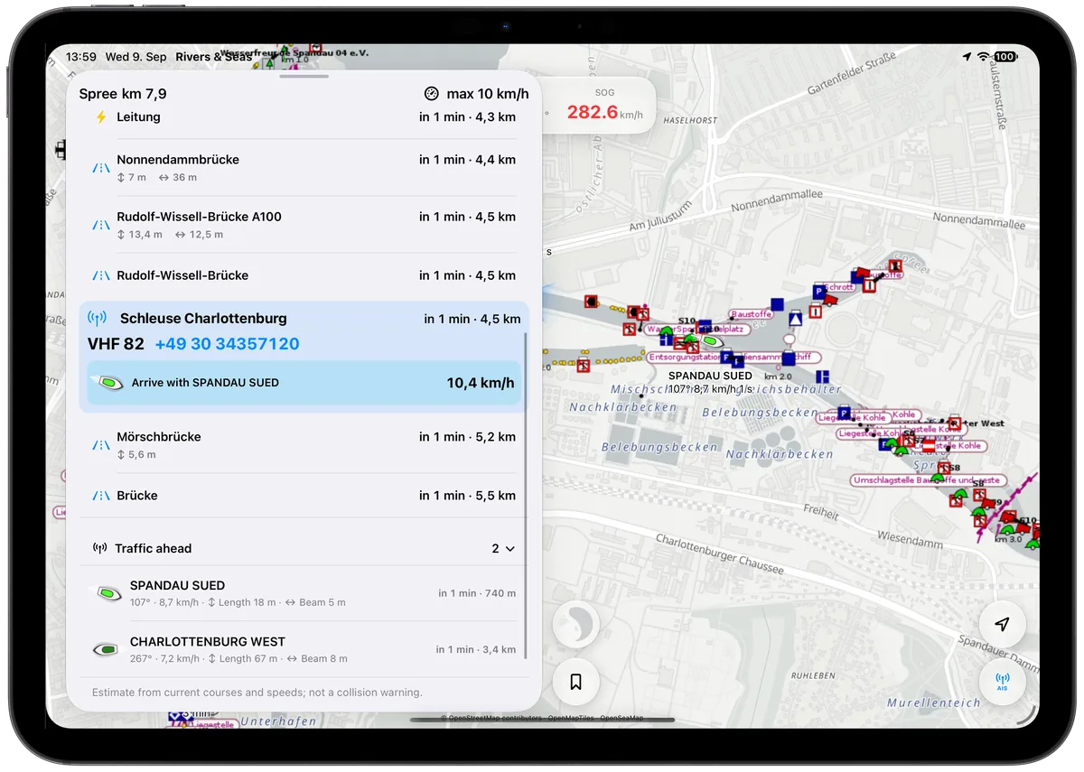 The expanded iPad view shows bridges, lock contact details, shared arrival, and traffic ahead.