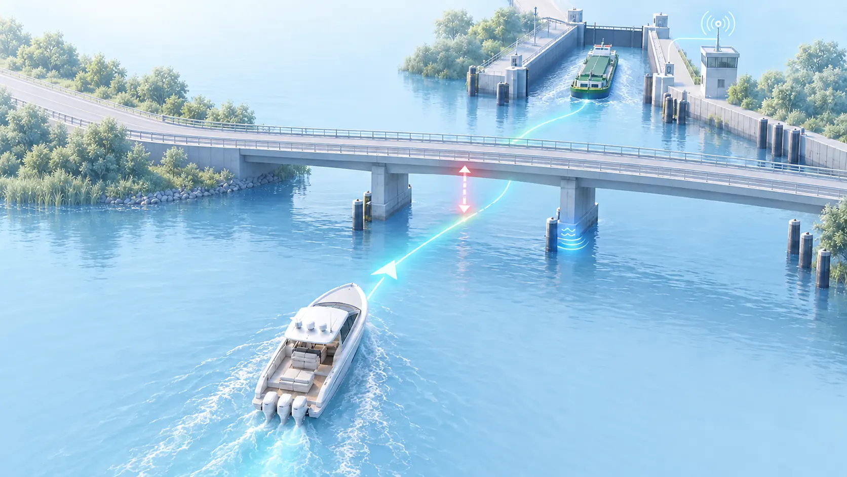 A motorboat follows a waterway beneath a bridge towards a lock as a commercial vessel enters ahead.