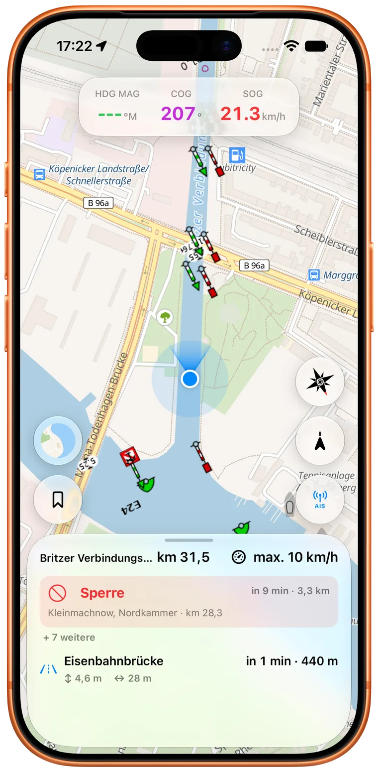 Rivers & Seas automatically shows a lock closure relevant to the journey on iPhone.