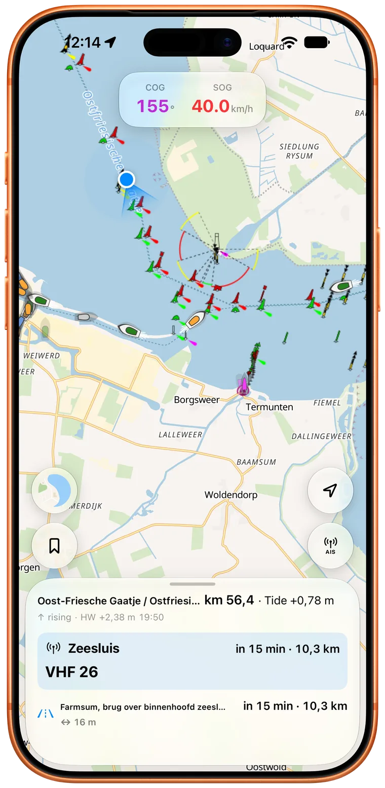 Rivers & Seas shows the tide, the next lock, and its VHF channel on iPhone.