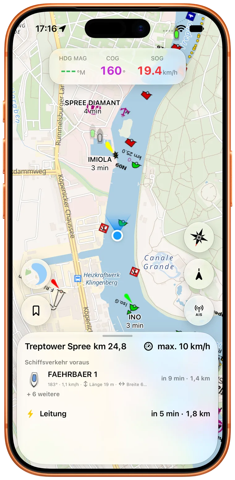 Rivers & Seas shows approaching and preceding AIS vessels with names and meeting times on iPhone.